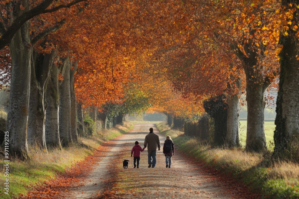 Family Strolling Through Autumnal Tree Tunnel Family Strolling Through Autumnal Tree Tunnel