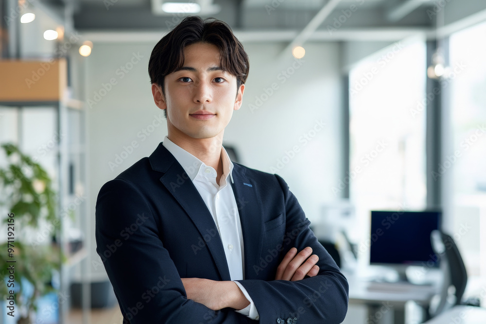 A young Japanese businessman, looking confident and approachable, poses in a modern office setting. The backdrop features minimalist design elements, a clean desk, and advanced office technology. A young Japanese businessman, looking confident and approachable, poses in a modern office setting. The backdrop features minimalist design elements, a clean desk, and advanced office technology.