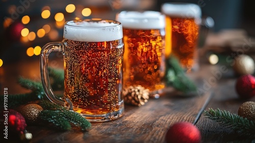 Christmas beer is pouring into glass mugs on table with garland and string lights photo