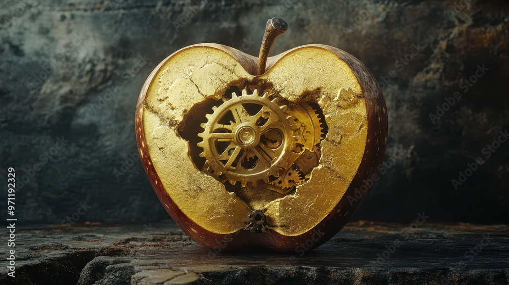 Naklejka premium Sliced apple showing mechanical gears and organic textures merging, futuristic steampunk, golden metallic accents, 3D render.