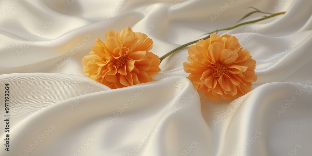 Two orange flowers on a smooth white fabric background. Two orange flowers on a smooth white fabric background.