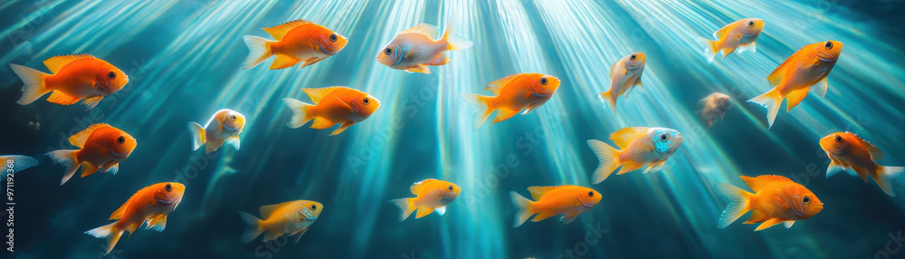 Vibrant orange fish swimming gracefully in clear blue water, illuminated by sunlight rays, creating a serene underwater scene. Vibrant orange fish swimming gracefully in clear blue water, illuminated by sunlight rays, creating a serene underwater scene.