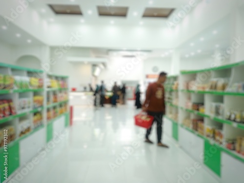 abstract blur shelf in minimart and supermarket.Blur of condiment shelf product in Supermarket.