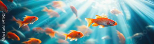 A vibrant underwater scene featuring a school of orange fish swimming peacefully, bathed in sunlight streaming through clear blue water.