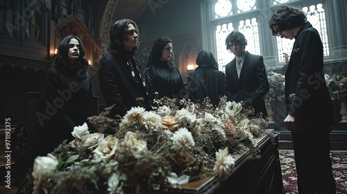 Somber gathering among friends at an ornate funeral home with floral tributes during a cloudy afternoon. Generative AI