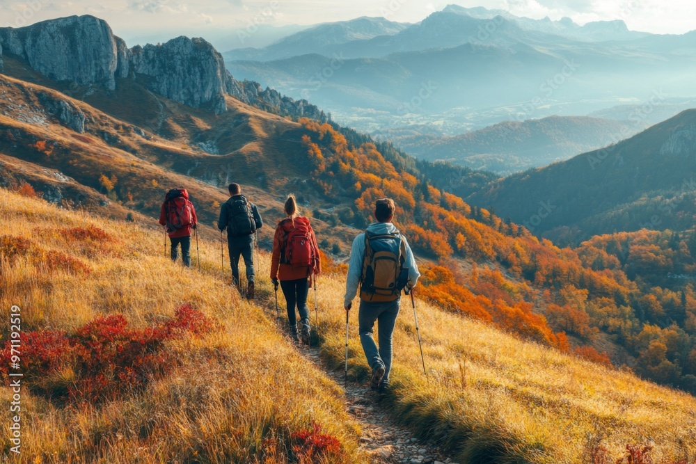 Hikers Ascending a Mountain Path Through Autumnal Foliage