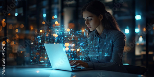 Businesswoman typing on her laptop in a high-tech office, illuminated by floating digital holograms of AI, global data networks, and internet connectivity, symbolizing data science and technology.