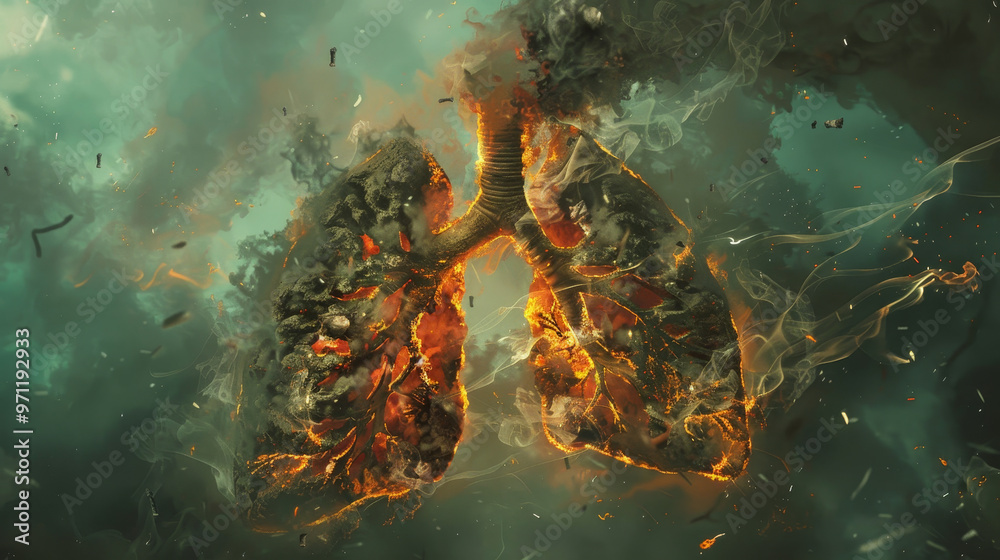 A pair of lungs are on fire in a dark, smoky atmosphere A pair of lungs are on fire in a dark, smoky atmosphere