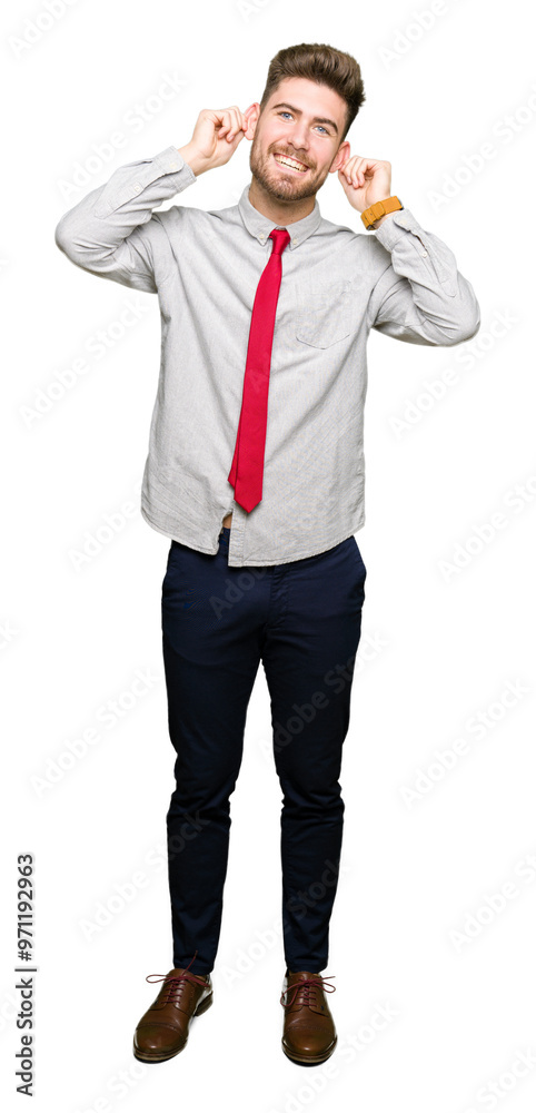 Young handsome business man Smiling pulling ears with fingers, funny gesture. Audition problem Young handsome business man Smiling pulling ears with fingers, funny gesture. Audition problem