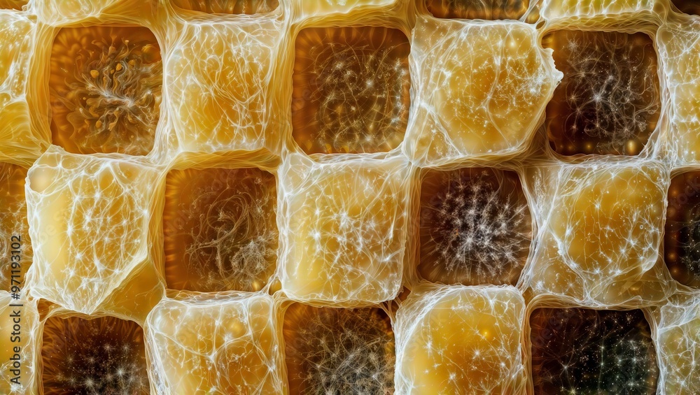 Fototapeta premium Honeycomb texture. Close-up of a honeycomb structure with intricate details and golden-brown color.