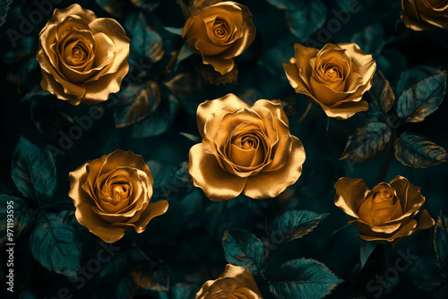 Ornate golden roses shining against a dark emerald green background, the metallic sheen of the flowers adding a touch of luxury and elegance to the floral composition. photo