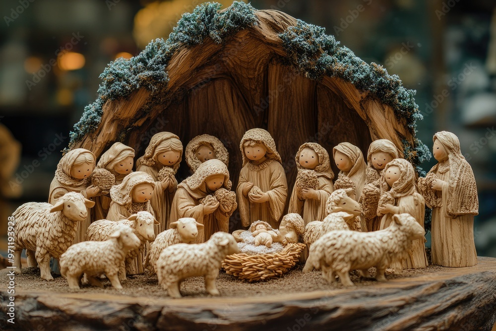 Nativity scene with wooden figures depicting the birth of jesus Nativity scene with wooden figures depicting the birth of jesus