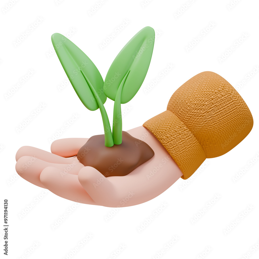 3D Render Icon Hand Holding Plant in Soil. Ecology Nature Protection ...