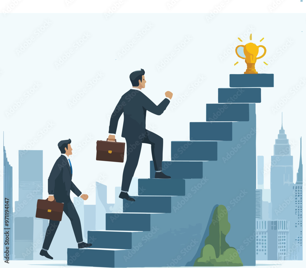 businessman walks up stairs to reach his goal in flat vector illustration businessman walks up stairs to reach his goal in flat vector illustration