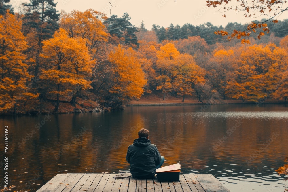 Man Sitting on a Wooden Dock Overlooking a Tranquil Lake Surrounded by Autumn Trees Man Sitting on a Wooden Dock Overlooking a Tranquil Lake Surrounded by Autumn Trees