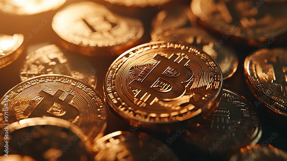 A close-up of multiple Bitcoin cryptocurrency coins under warm lighting, symbolizing digital currency, blockchain technology, and crypto investment. A close-up of multiple Bitcoin cryptocurrency coins under warm lighting, symbolizing digital currency, blockchain technology, and crypto investment.
