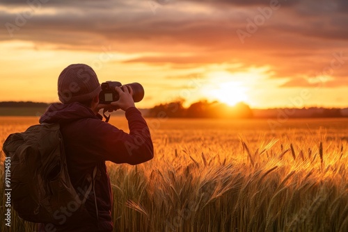 Photographer Capturing a Sunset in a Field of Grain