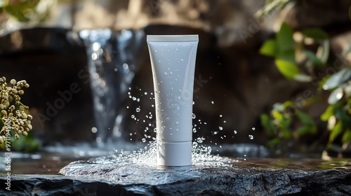 Facial foam cleanser tube standing upright on natural slate, gentle stream of water cascading, professional photography effect, branding mockupready