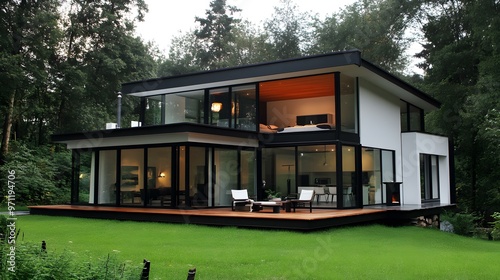Modern Architecture House With Large Windows and Deck