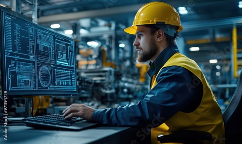 man with yellow helmet work on computer inside the heavy industry factory, male industrial engineer works on personal computer typing and check equipment