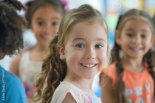A group of young girls are smiling and posing for a picture