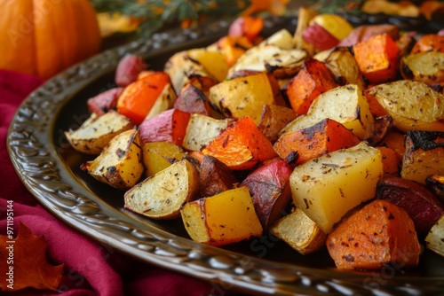 Roasted root vegetables on a dark plate photo