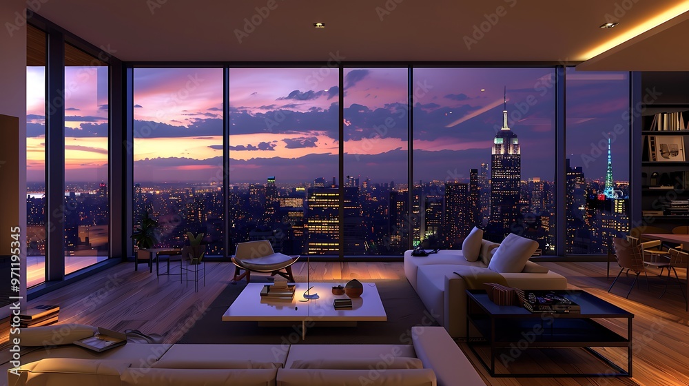 A modern, minimalist apartment with large floor-to-ceiling windows offering a breathtaking panoramic view of the city's skyline at dusk, generated by AI, with sleek furnishings and clean lines A modern, minimalist apartment with large floor-to-ceiling windows offering a breathtaking panoramic view of the city's skyline at dusk, generated by AI, with sleek furnishings and clean lines