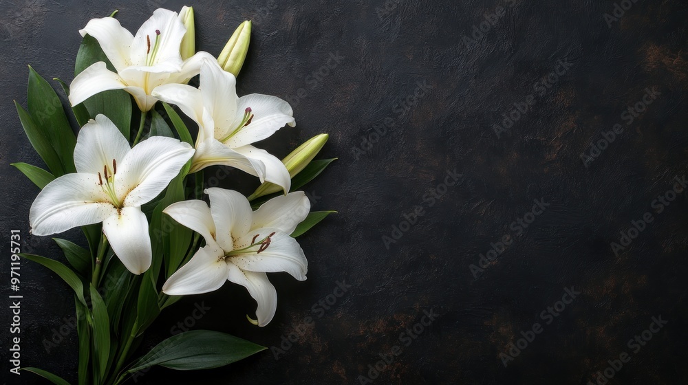 Fototapeta premium A serene arrangement of white lilies on a dark background, symbolizing purity and elegance.