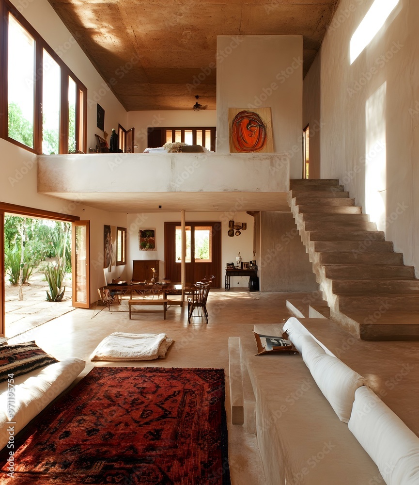 Fototapeta premium Modern Rustic Living Room with Concrete Stairs and Red Rug