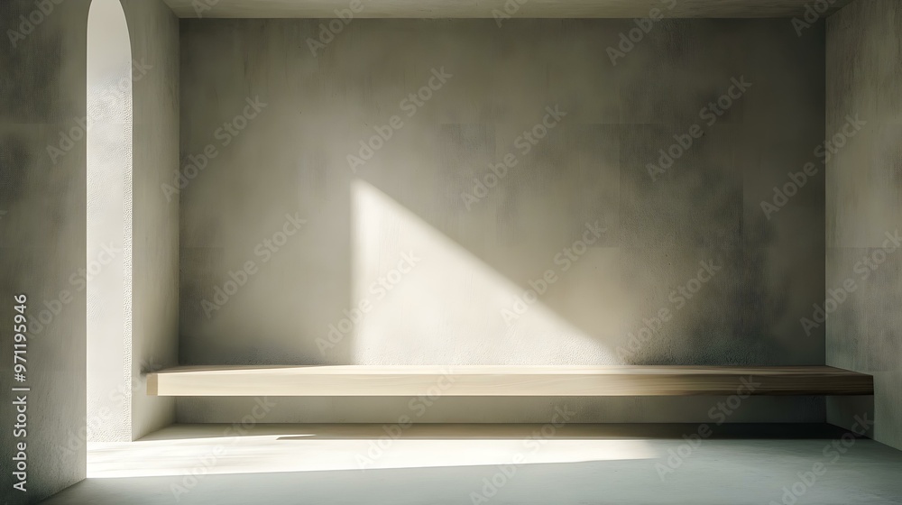 Obraz premium Minimalist Concrete Room With Wooden Bench And Sunlight