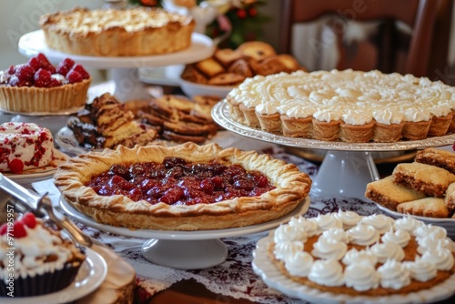 Assorted Pies and Pastries on a Table with Lace Doily