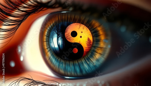 A close up of a person's eye with a yin and yang symbol in the center