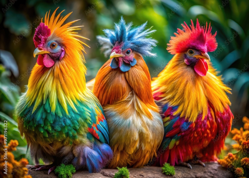 Vibrant plumage shines on a trio of Cochins, their fluffy feathers and gentle expressions capturing the charm of these beloved domesticated birds in a natural setting. Vibrant plumage shines on a trio of Cochins, their fluffy feathers and gentle expressions capturing the charm of these beloved domesticated birds in a natural setting.