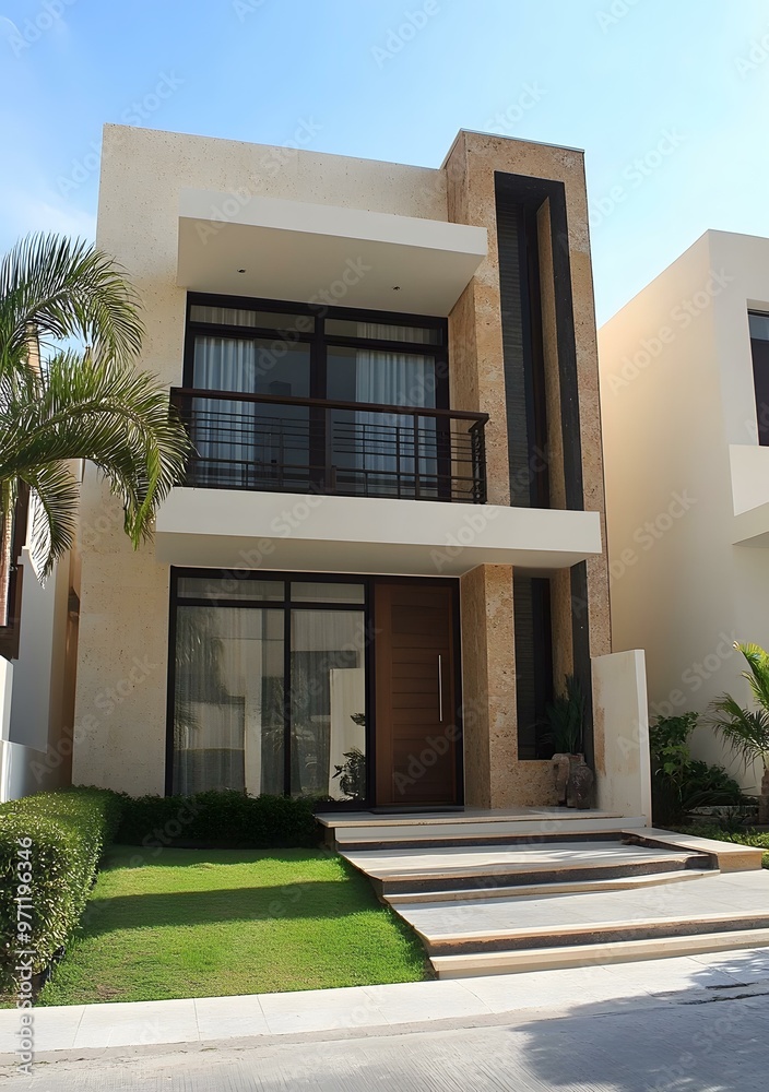 Modern Two Story Home with Balcony and Stone Facade Modern Two Story Home with Balcony and Stone Facade