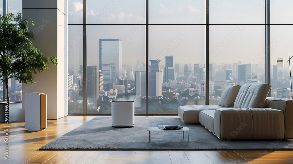 A sleek, modern humidifier placed in a stylish living room with floor-to-ceiling windows showing a panoramic city view, designed with clean lines and minimalist decor A sleek, modern humidifier placed in a stylish living room with floor-to-ceiling windows showing a panoramic city view, designed with clean lines and minimalist decor