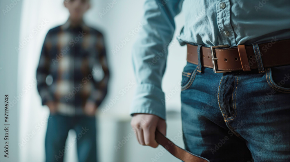 Man holding a belt in focus, standing in front of another person, blurred in the background, creating a tense atmosphere.