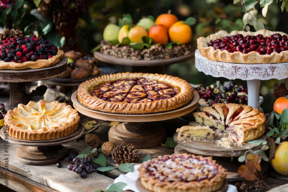 Assorted Fruit Pies on Rustic Wooden Tabletop Display