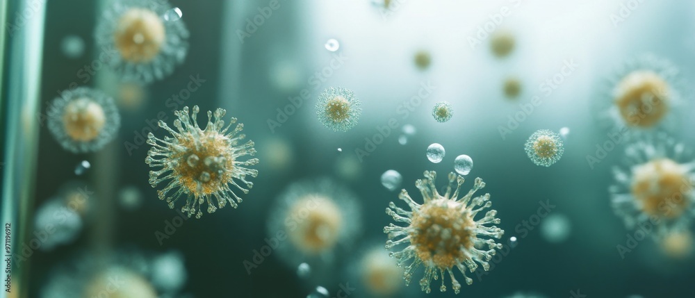 Close-up of airborne germs suspended in bathroom air with floating particles visible under magnification in a damp and humid environment Close-up of airborne germs suspended in bathroom air with floating particles visible under magnification in a damp and humid environment