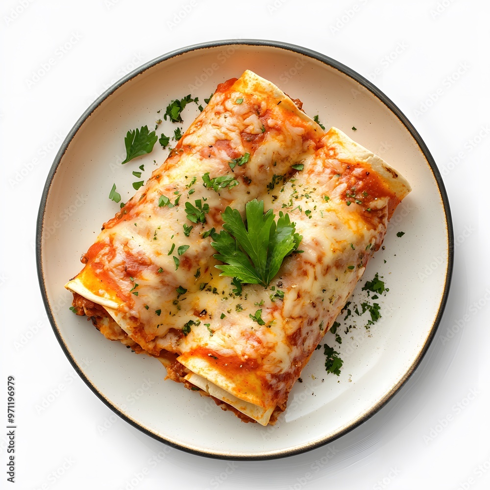 Cheesy enchiladas with fresh parsley garnish on a white plate Cheesy enchiladas with fresh parsley garnish on a white plate