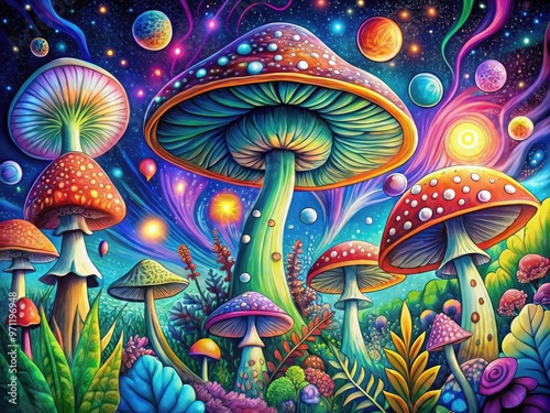 Vibrant, psychedelic illustrations of fantastical mushrooms amidst swirling patterns, stars, and abstract shapes, evoking a sense of whimsy and surrealism in a dreamlike atmosphere. photo