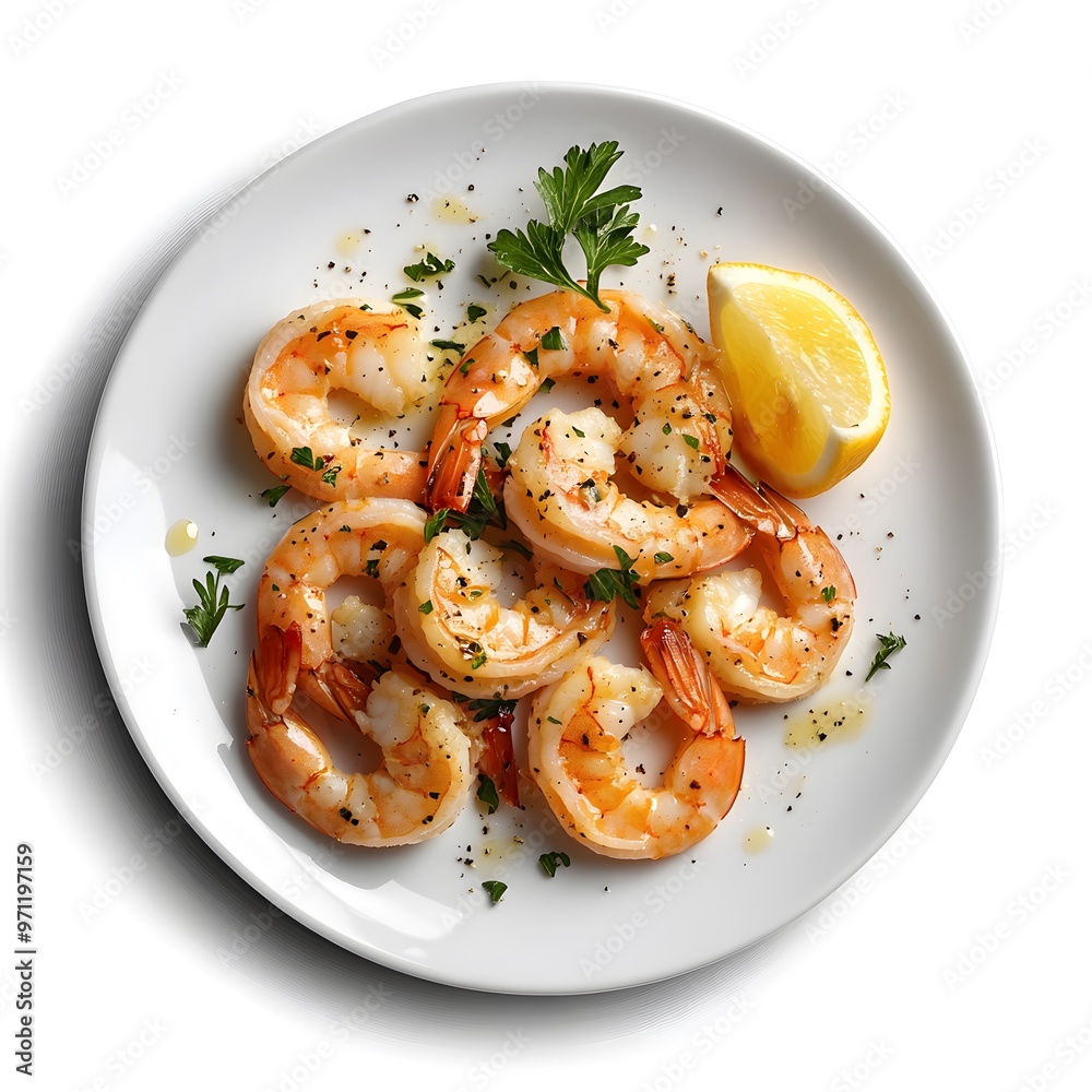 Delicious grilled shrimp with lemon and herbs on a white plate Delicious grilled shrimp with lemon and herbs on a white plate