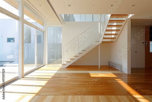 Modern House Interior Design With Wooden Stairs And Glass Railing