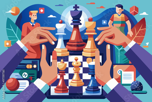  The focus is on the chessboard and the pieces to grasp the strategic nature of the game
