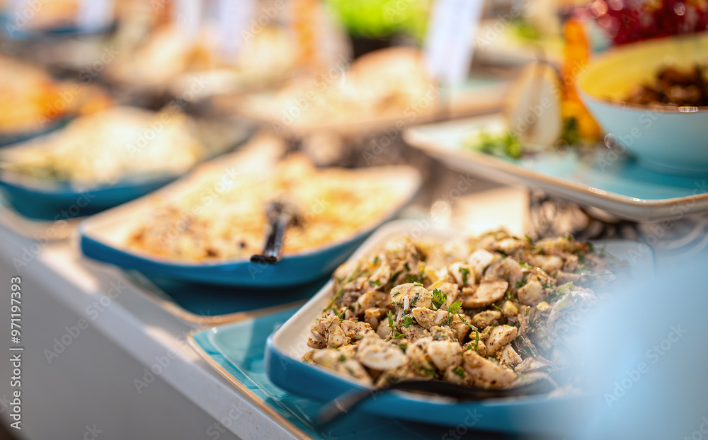 A variety of salads and meats. All-inclusive concept.