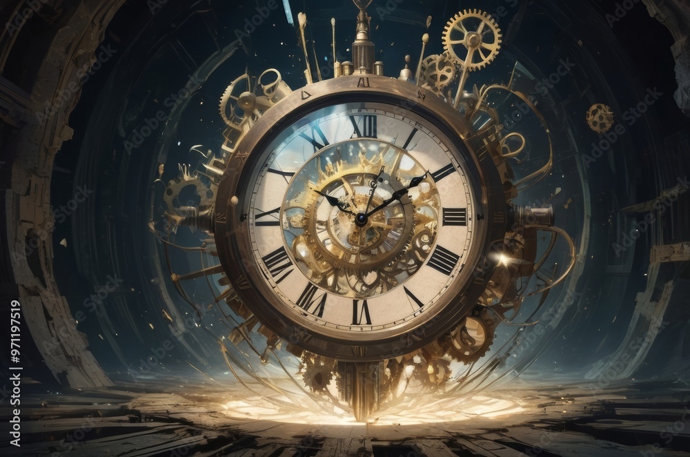 Fototapeta premium Fragments of Time: A Surreal Exploration of a Shattered Clock