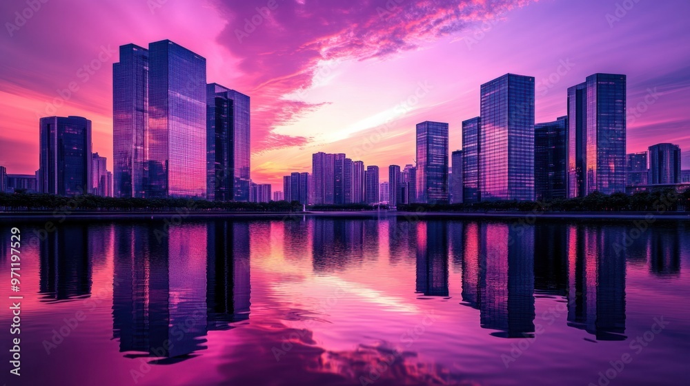 A sunset over a city skyline, with the sky glowing in shades of purple and pink, reflected on glass buildings A sunset over a city skyline, with the sky glowing in shades of purple and pink, reflected on glass buildings