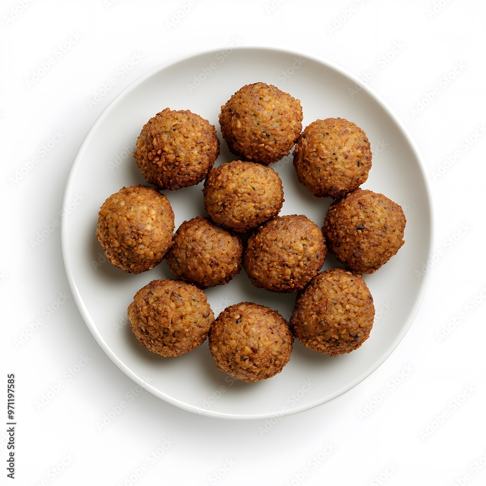 Crispy falafel balls arranged in a circle on a white plate Crispy falafel balls arranged in a circle on a white plate