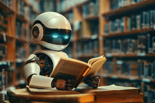 Cute robot is sitting at a desk in a library, reading a book and learning new information photo