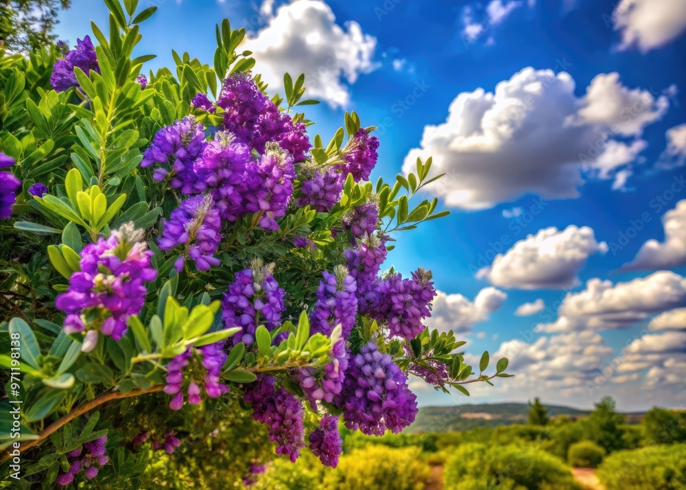 Vibrant purple flowers of Texas Mountain Laurel tree bloom in warm sunlight against a soft blue sky with wispy white clouds in the Hill Country. Vibrant purple flowers of Texas Mountain Laurel tree bloom in warm sunlight against a soft blue sky with wispy white clouds in the Hill Country.