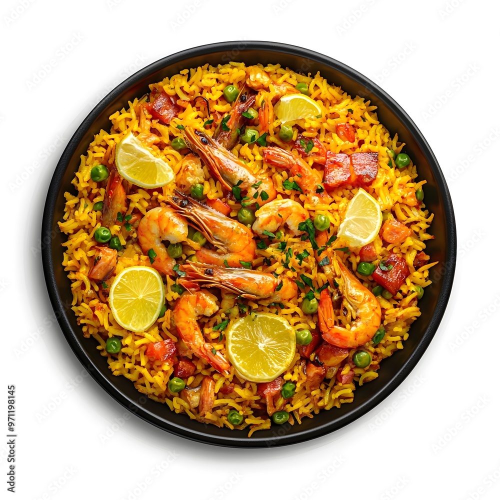 Vibrant seafood paella with shrimp, chorizo, lemon, and peas on black plate Vibrant seafood paella with shrimp, chorizo, lemon, and peas on black plate
